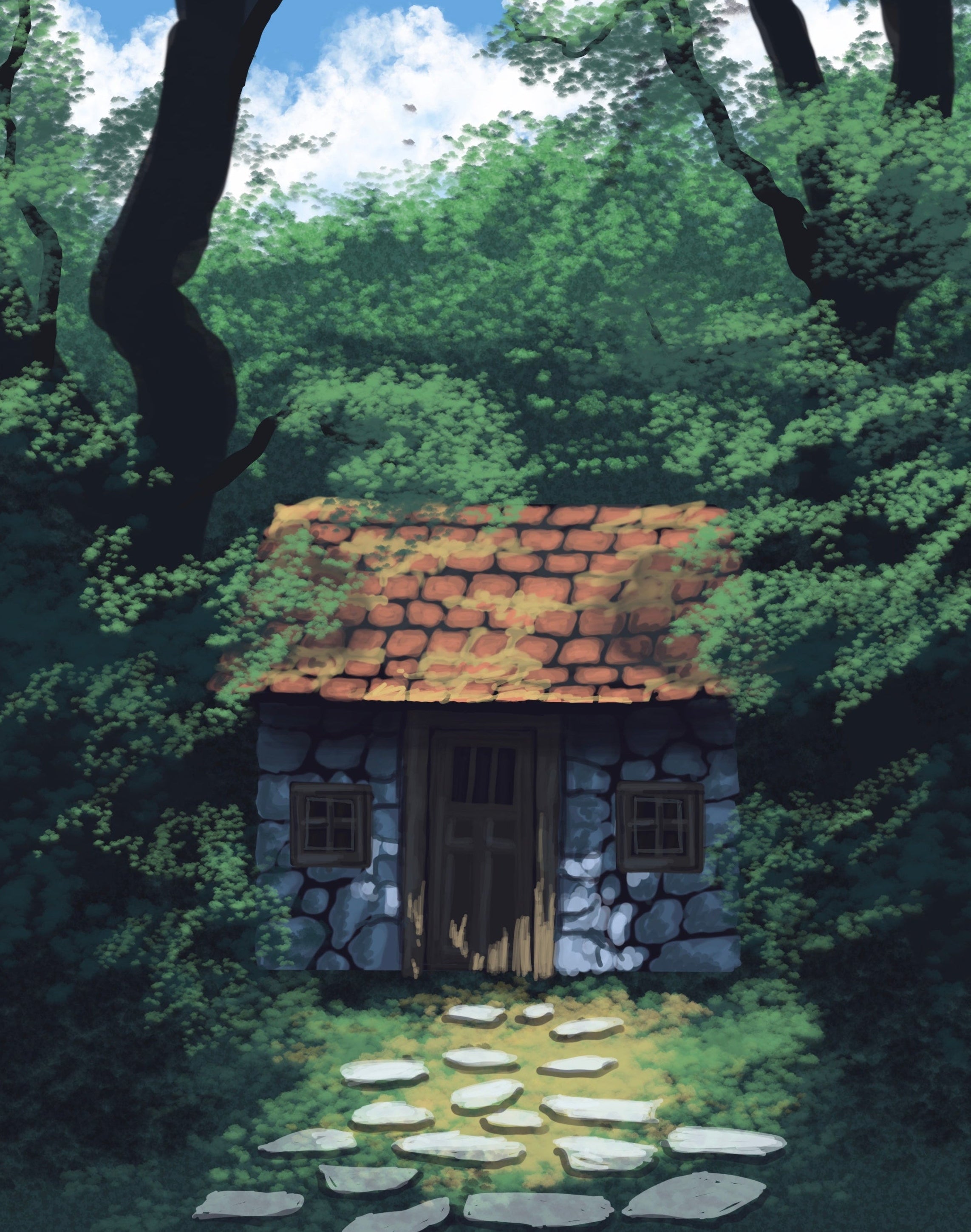 Stone cabin in a forest with a clear blue sky